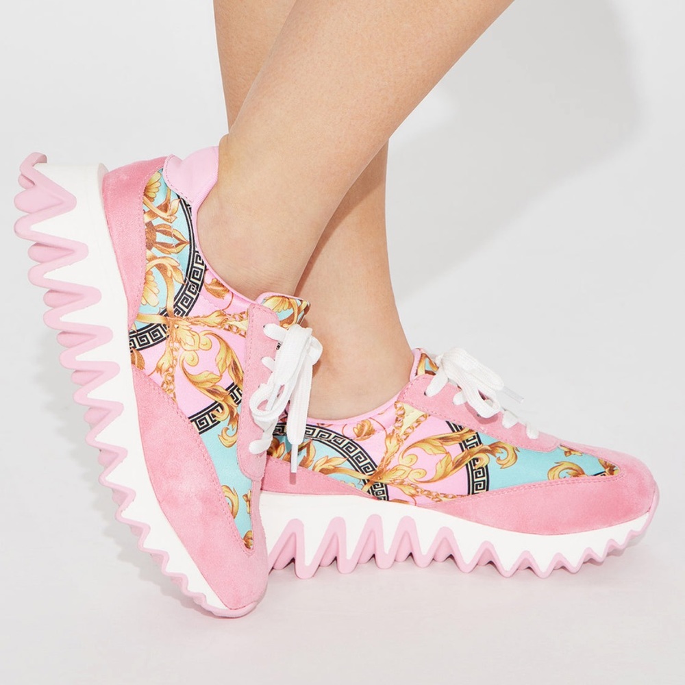 Fashion Nova Pink and Light Blue Baroque Platform Sneakers